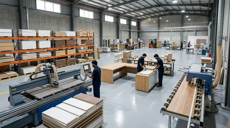 Office desks being built in a furniture workshop with panel-processing machinery