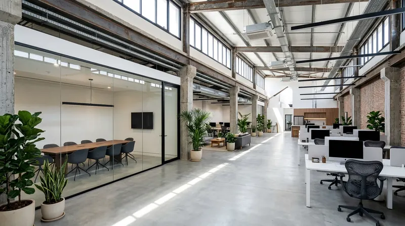 Newly furnished warehouse-style office with bench workstations and a glass meeting room