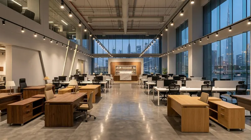 Office furniture showroom with executive desks, workstations and ergonomic chairs on display